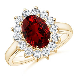 9x7mm Labgrown Lab-Grown Princess Diana Inspired Ruby Ring with Lab Diamond Halo in 10K Yellow Gold