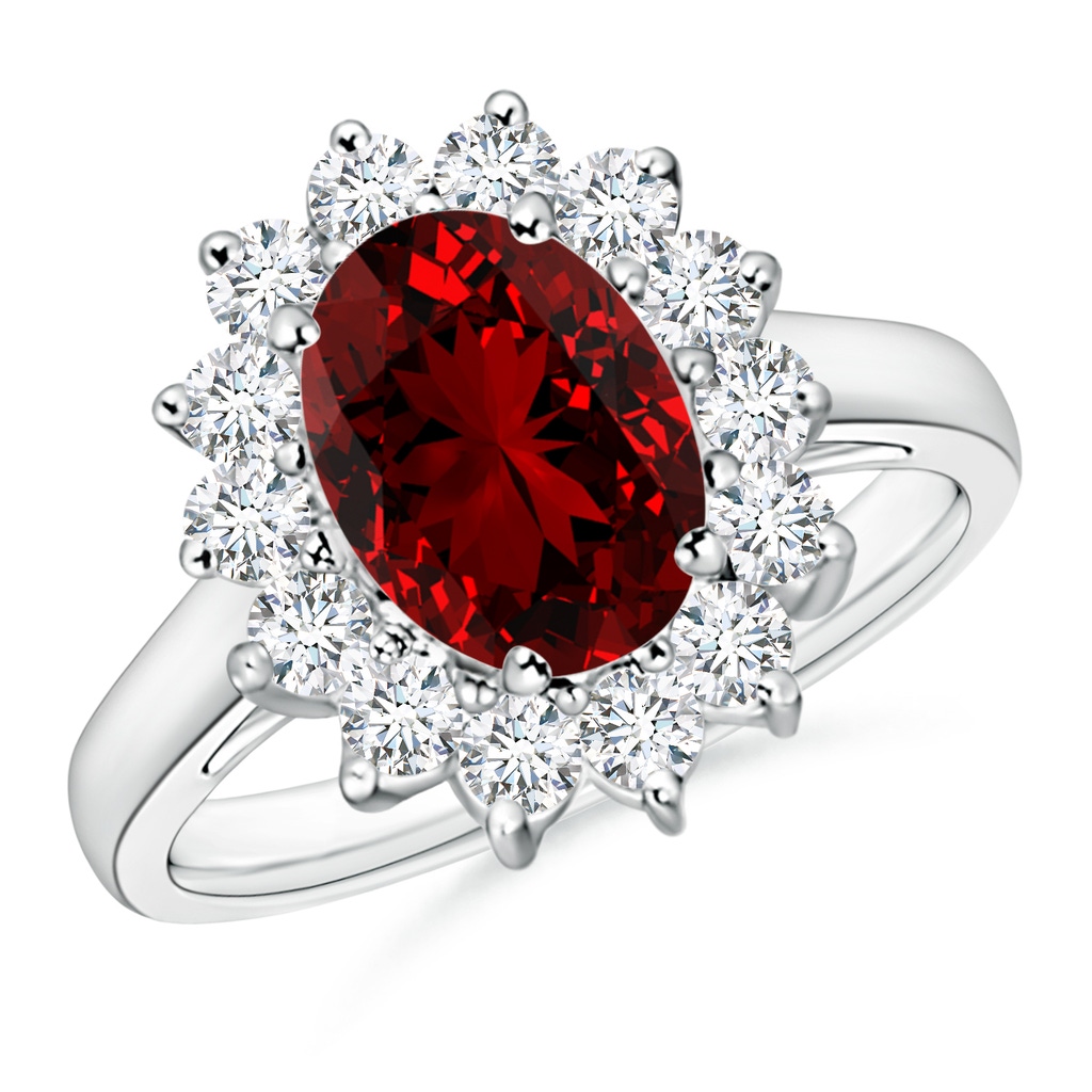 9x7mm Labgrown Lab-Grown Princess Diana Inspired Ruby Ring with Diamond Halo in 18K White Gold