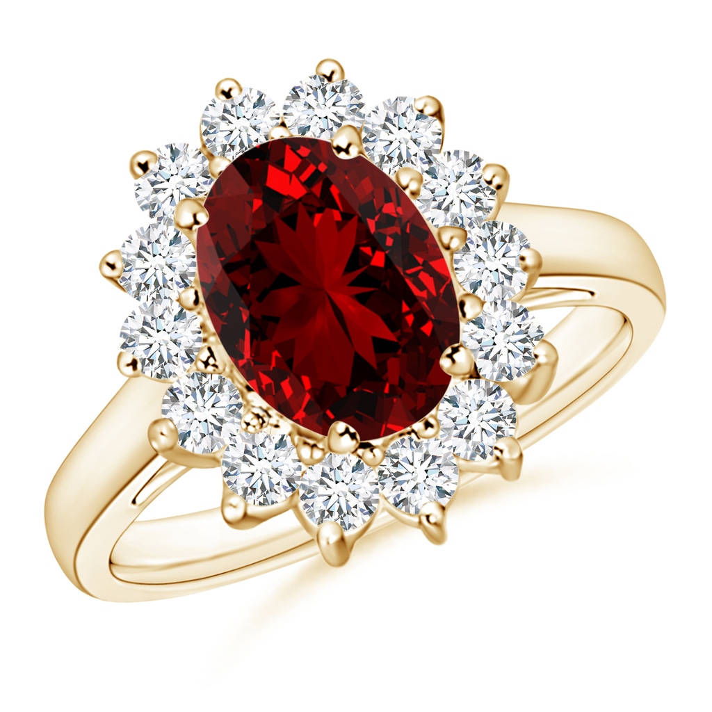 9x7mm Labgrown Lab-Grown Princess Diana Inspired Ruby Ring with Diamond Halo in 9K Yellow Gold