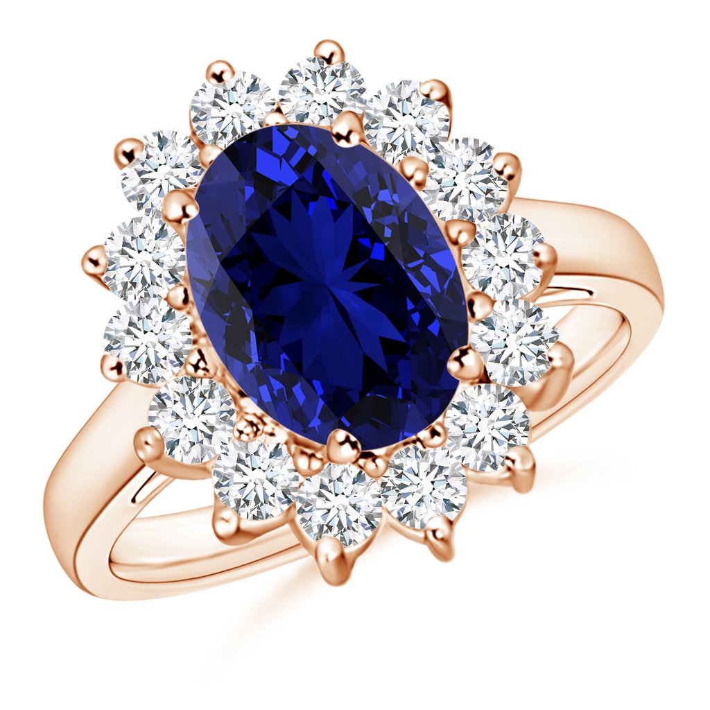 10x8mm Labgrown Lab-Grown Princess Diana Inspired Blue Sapphire Ring with Lab Diamond Halo in Rose Gold