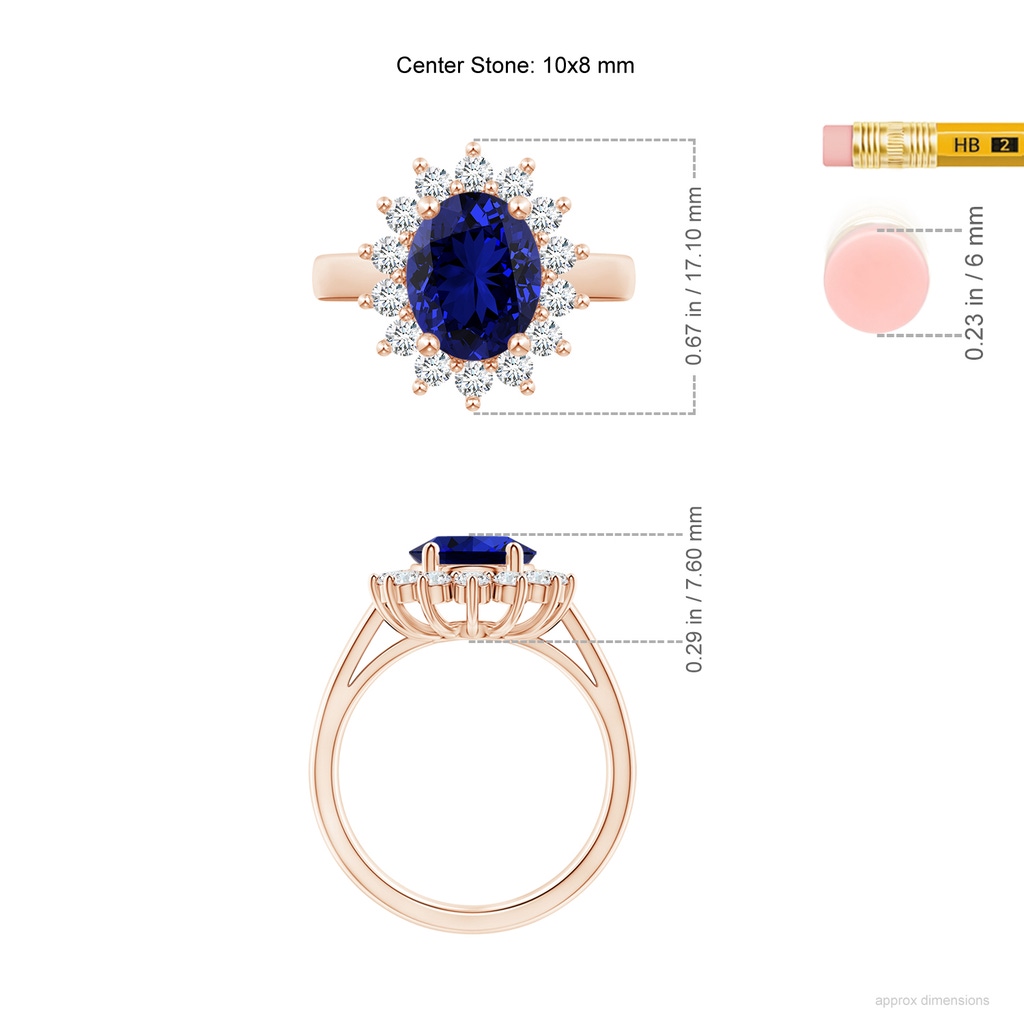 10x8mm Labgrown Lab-Grown Princess Diana Inspired Blue Sapphire Ring with Lab Diamond Halo in Rose Gold ruler