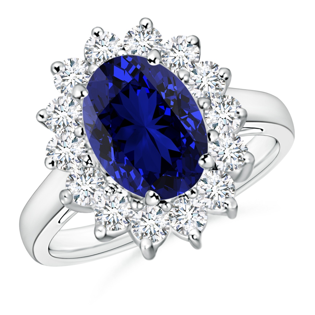 10x8mm Labgrown Lab-Grown Princess Diana Inspired Blue Sapphire Ring with Lab Diamond Halo in White Gold 