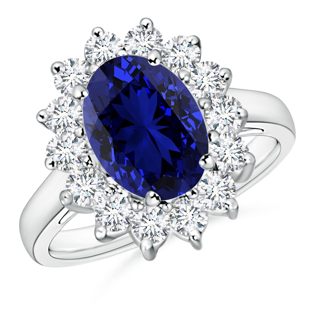 10x8mm Labgrown Lab-Grown Princess Diana Inspired Blue Sapphire Ring with Lab Diamond Halo in White Gold