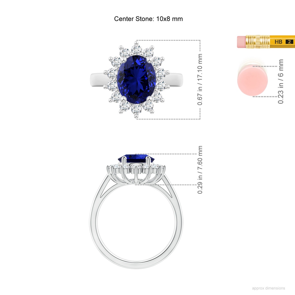 10x8mm Labgrown Lab-Grown Princess Diana Inspired Blue Sapphire Ring with Lab Diamond Halo in White Gold ruler