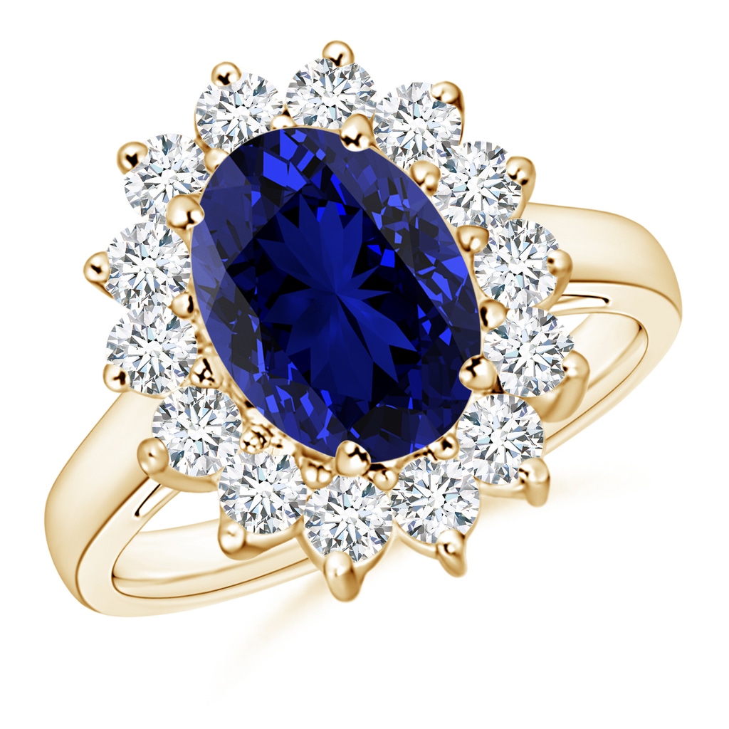 10x8mm Labgrown Lab-Grown Princess Diana Inspired Blue Sapphire Ring with Lab Diamond Halo in Yellow Gold
