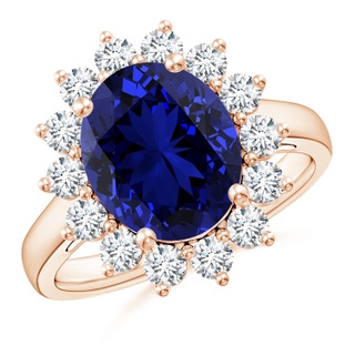12x10mm Labgrown Lab-Grown Princess Diana Inspired Blue Sapphire Ring with Lab Diamond Halo in 18K Rose Gold