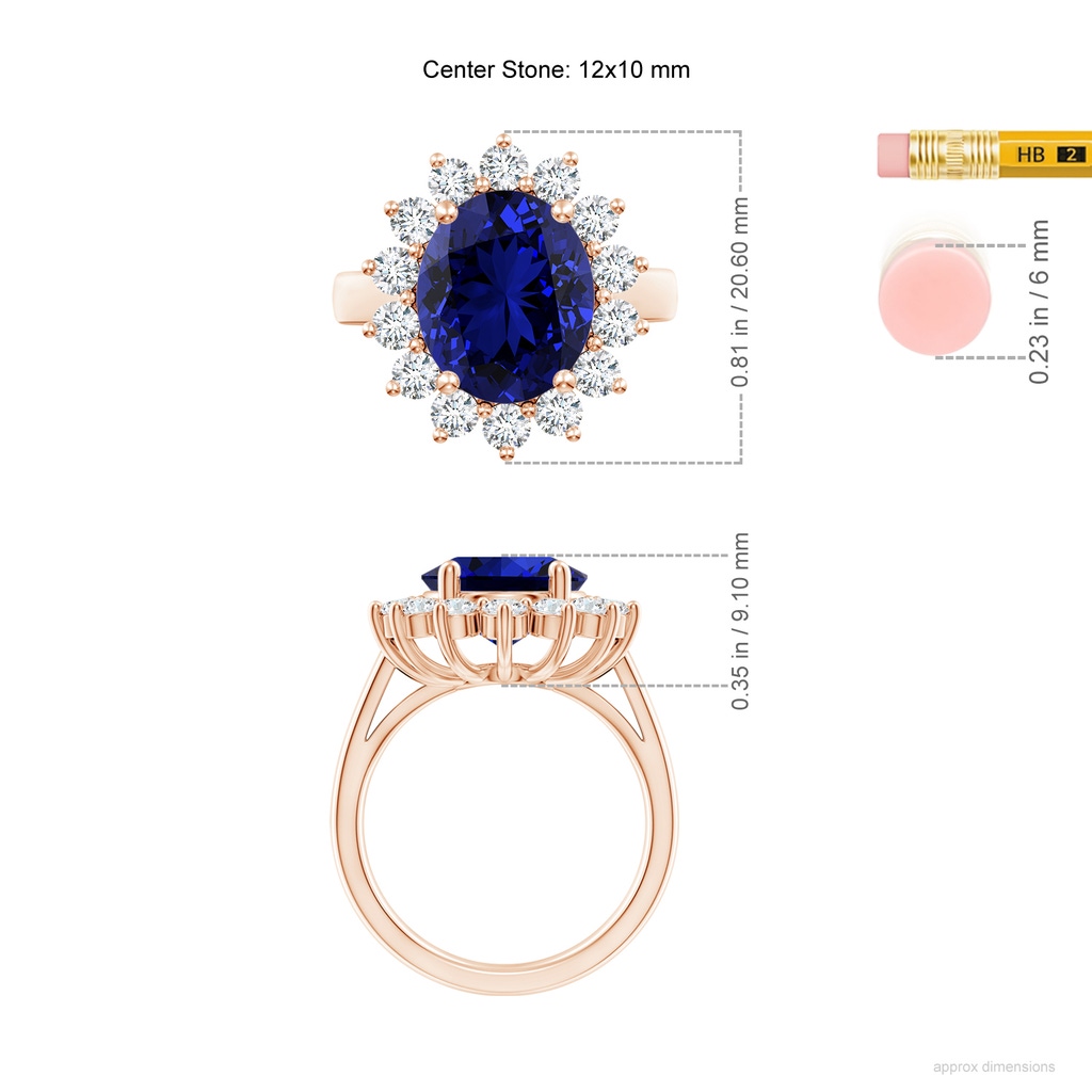 12x10mm Labgrown Lab-Grown Princess Diana Inspired Blue Sapphire Ring with Lab Diamond Halo in 18K Rose Gold ruler