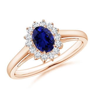 6x4mm Labgrown Lab-Grown Princess Diana Inspired Blue Sapphire Ring with Lab Diamond Halo in 10K Rose Gold