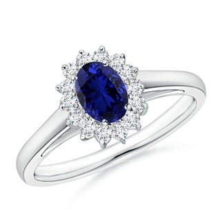 6x4mm Labgrown Lab-Grown Princess Diana Inspired Blue Sapphire Ring with Lab Diamond Halo in P950 Platinum