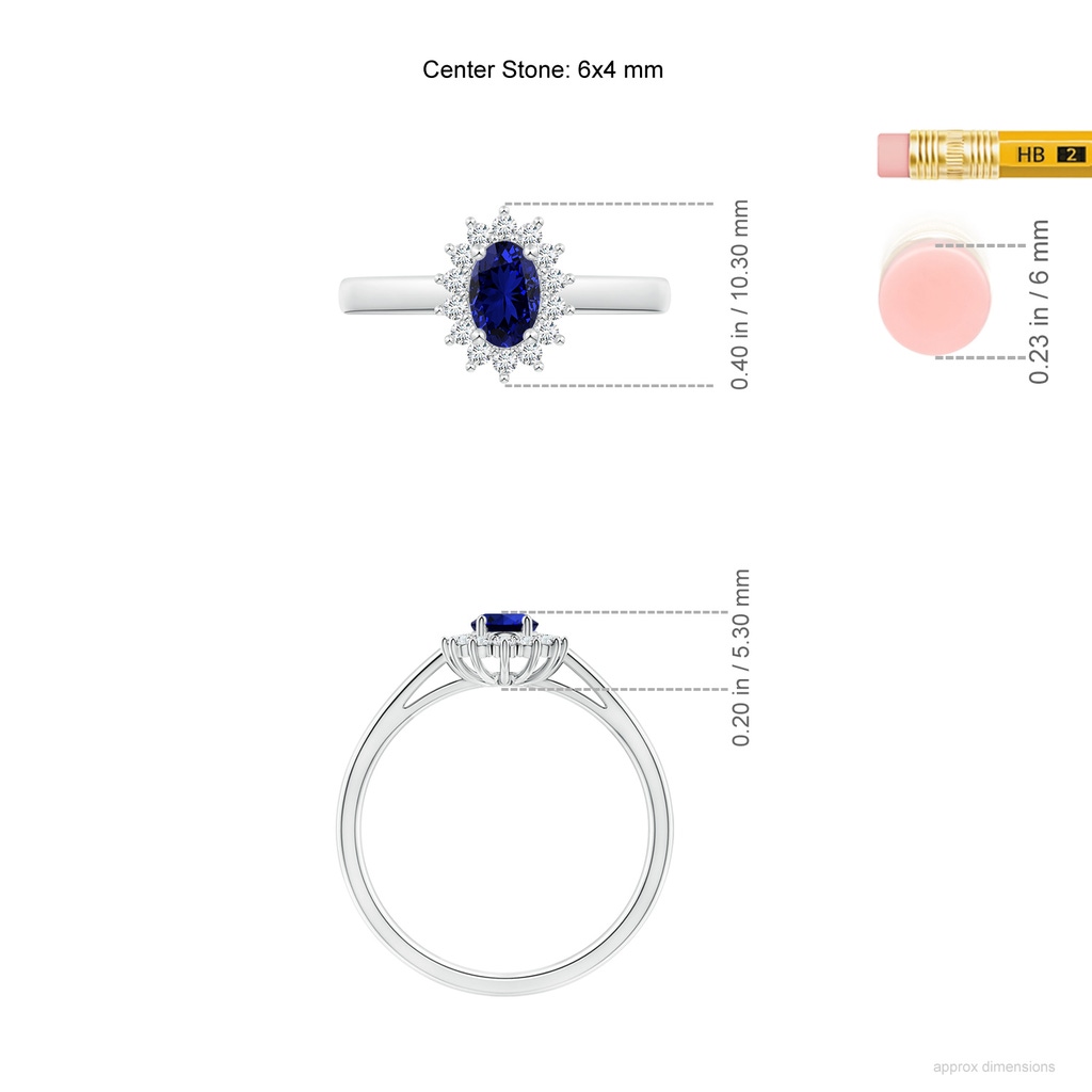 6x4mm Labgrown Lab-Grown Princess Diana Inspired Blue Sapphire Ring with Lab Diamond Halo in P950 Platinum ruler