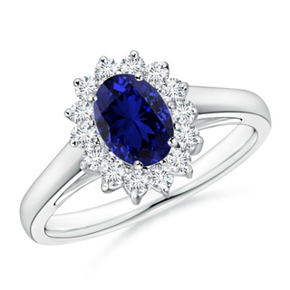 7x5mm Labgrown Lab-Grown Princess Diana Inspired Blue Sapphire Ring with Lab Diamond Halo in P950 Platinum