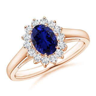 7x5mm Labgrown Lab-Grown Princess Diana Inspired Blue Sapphire Ring with Lab Diamond Halo in Rose Gold