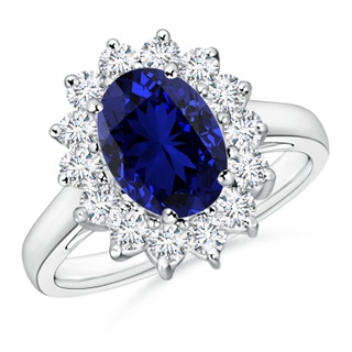 9x7mm Labgrown Lab-Grown Princess Diana Inspired Blue Sapphire Ring with Lab Diamond Halo in P950 Platinum