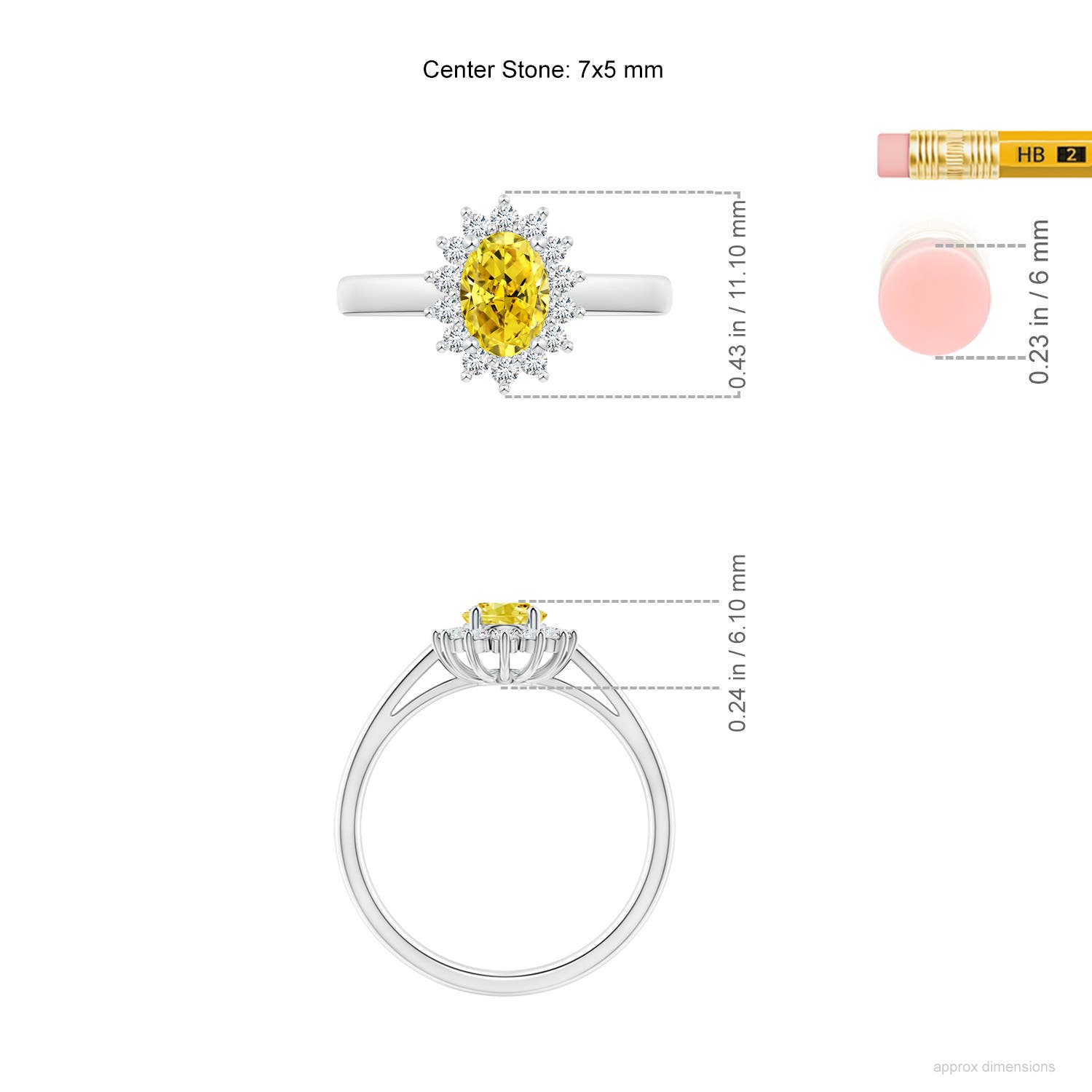 7x5mm Labgrown Princess Diana Inspired Lab-Grown Fancy Intense Yellow Diamond Ring with Halo in White Gold - ruler