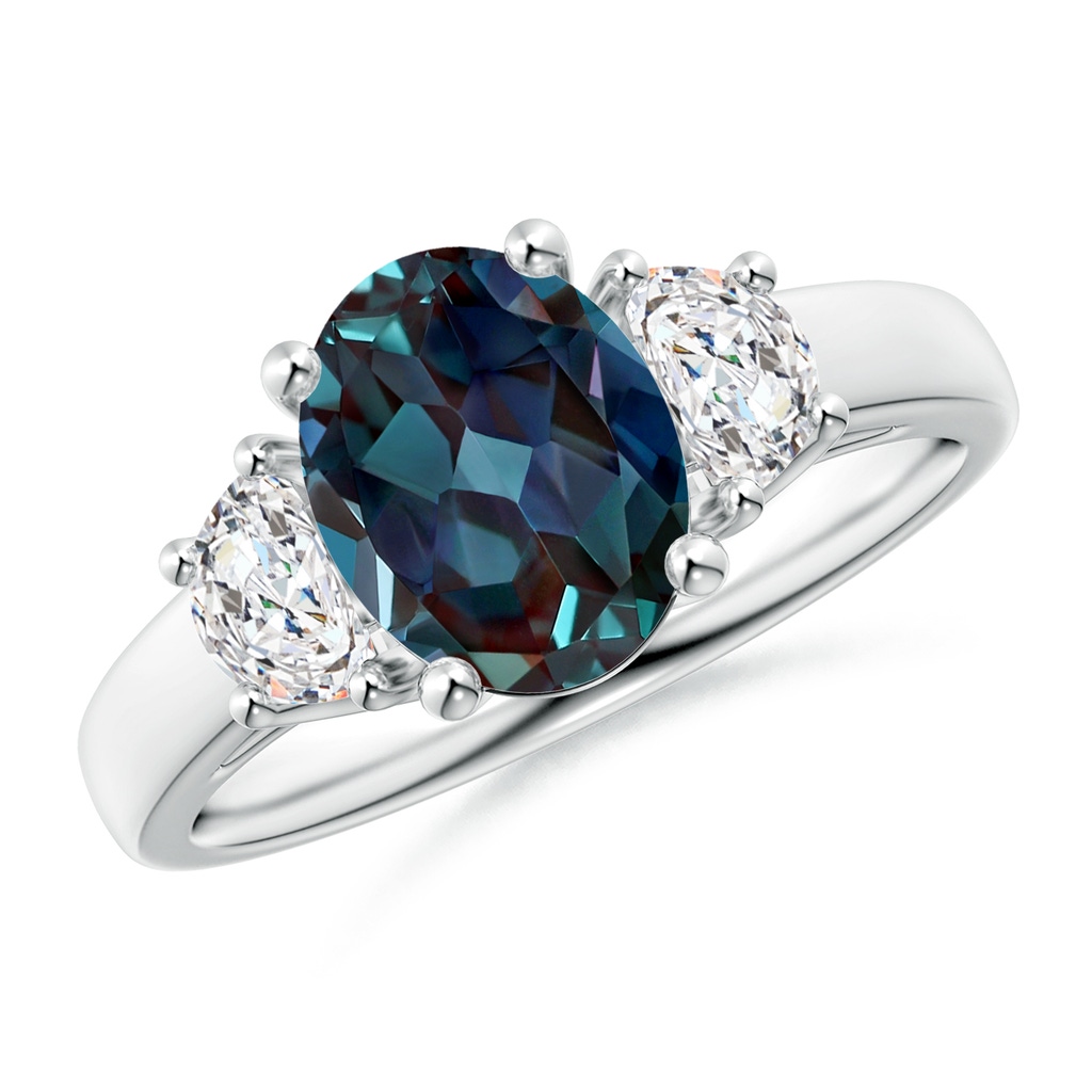 9x7mm Labgrown Oval Lab-Grown Alexandrite Ring with Half Moon Diamonds in White Gold