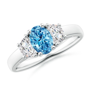 7x5mm Labgrown Three Stone Oval Lab-Grown Fancy Intense Blue and Half Moon White Diamond Ring in P950 Platinum