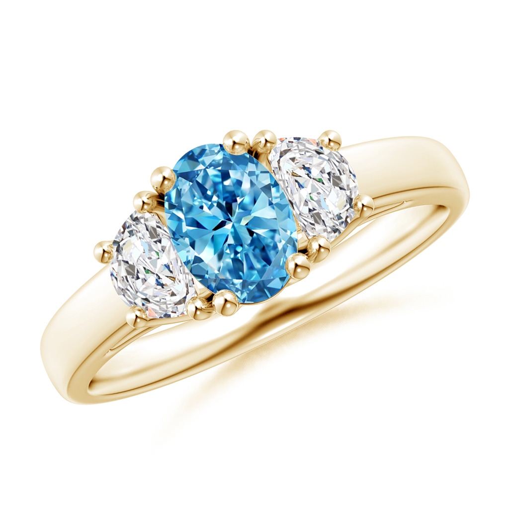 7x5mm Labgrown Three Stone Oval Lab-Grown Fancy Intense Blue and Half Moon White Diamond Ring in Yellow Gold
