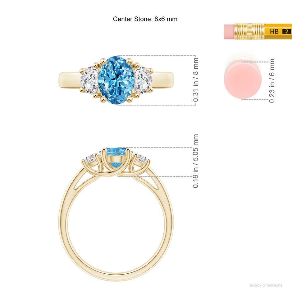 8x6mm Labgrown Three Stone Oval Lab-Grown Fancy Intense Blue and Half Moon White Diamond Ring in Yellow Gold ruler