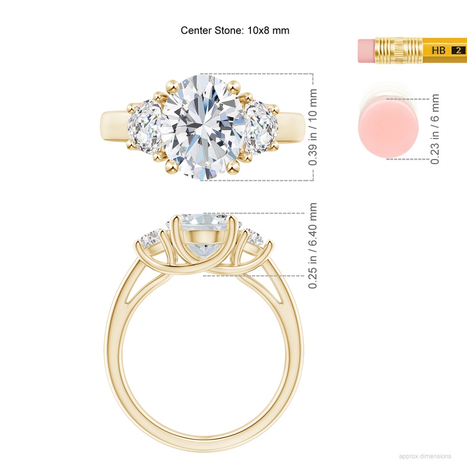 10x8mm FGVS Lab-Grown Oval and Half Moon Diamond Three Stone Ring in Yellow Gold ruler