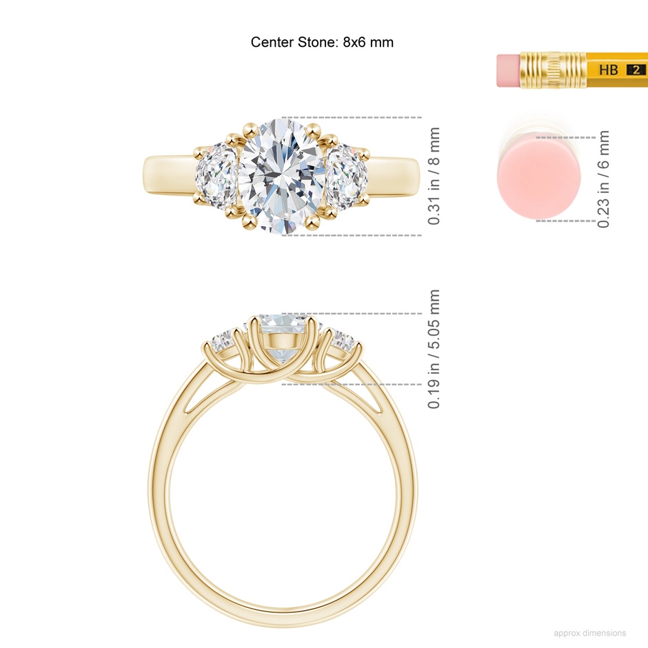8x6mm FGVS Lab-Grown Oval and Half Moon Diamond Three Stone Ring in Yellow Gold ruler