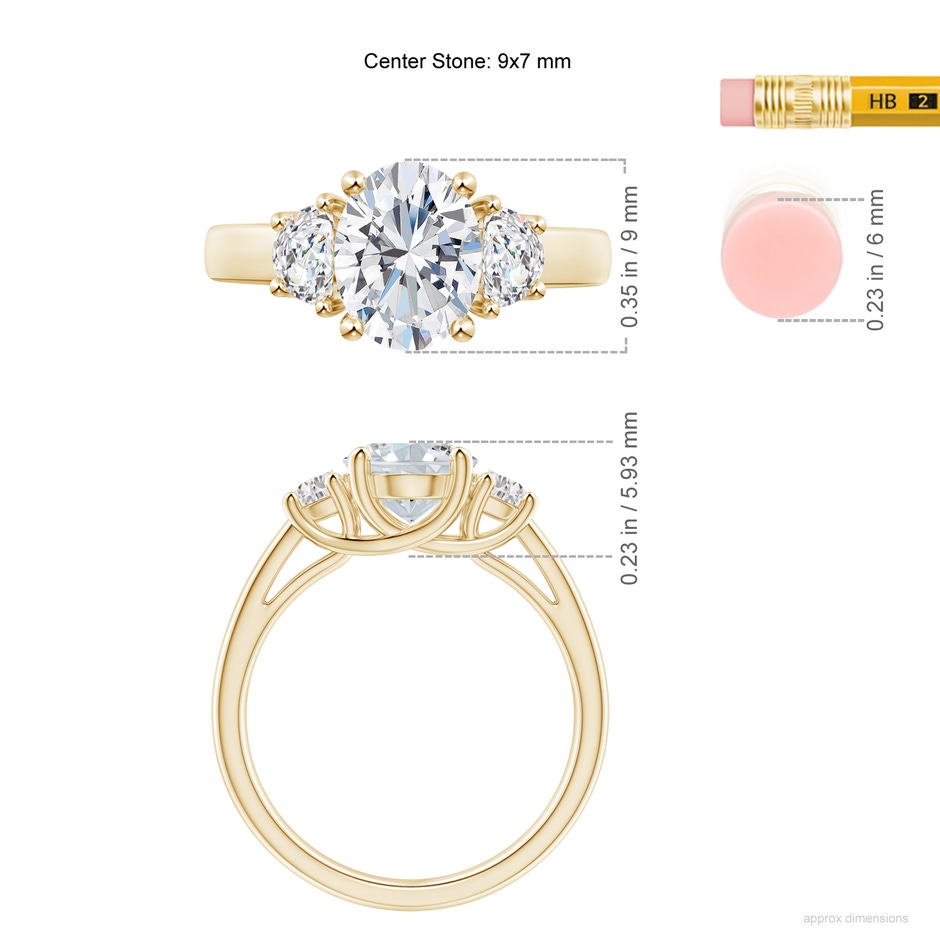 9x7mm FGVS Lab-Grown Oval and Half Moon Diamond Three Stone Ring in Yellow Gold ruler