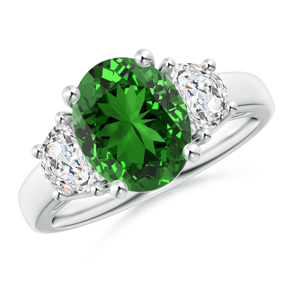 10x8mm Labgrown Lab-Grown Three Stone Oval Emerald and Half Moon Diamond Ring in White Gold 