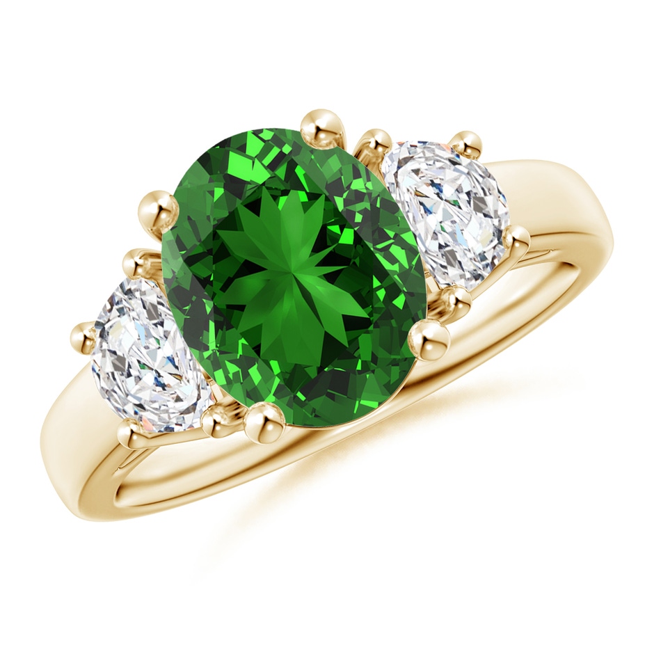 10x8mm Labgrown Lab-Grown Three Stone Oval Emerald and Half Moon Diamond Ring in Yellow Gold 