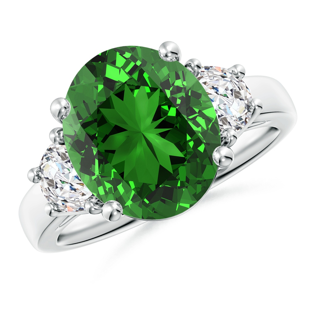 12x10mm Labgrown Lab-Grown Three Stone Oval Emerald and Half Moon Diamond Ring in P950 Platinum