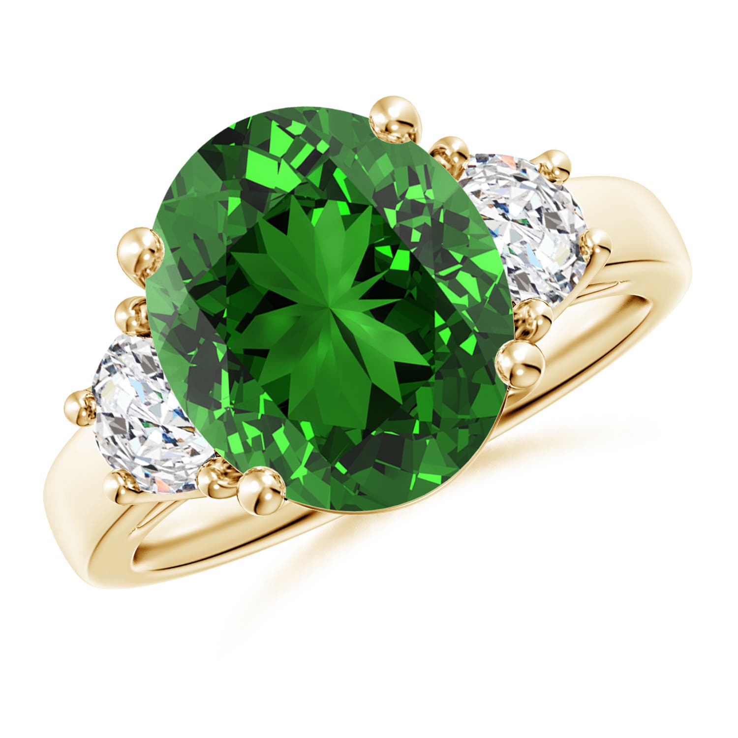 12x10mm Labgrown Lab-Grown Three Stone Oval Emerald and Half Moon Diamond Ring in Yellow Gold