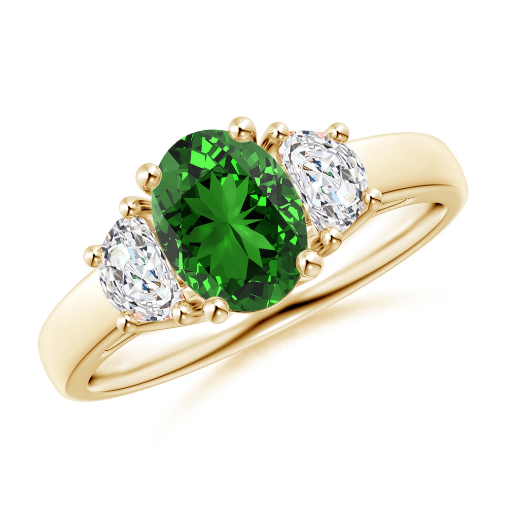 8x6mm Labgrown Lab-Grown Three Stone Oval Emerald and Half Moon Diamond Ring in Yellow Gold