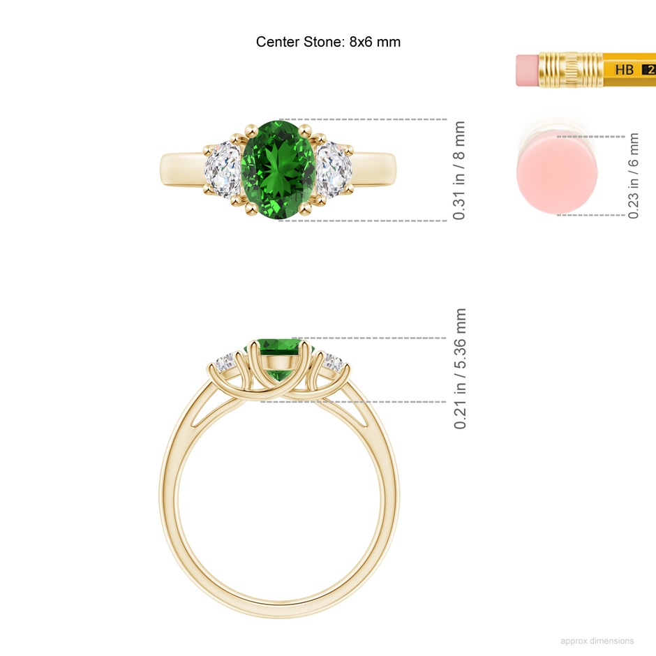 8x6mm Labgrown Lab-Grown Three Stone Oval Emerald and Half Moon Diamond Ring in Yellow Gold ruler