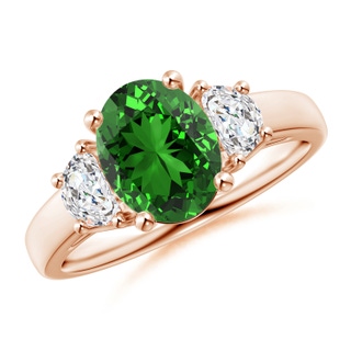 9x7mm Labgrown Lab-Grown Three Stone Oval Emerald and Half Moon Diamond Ring in 10K Rose Gold