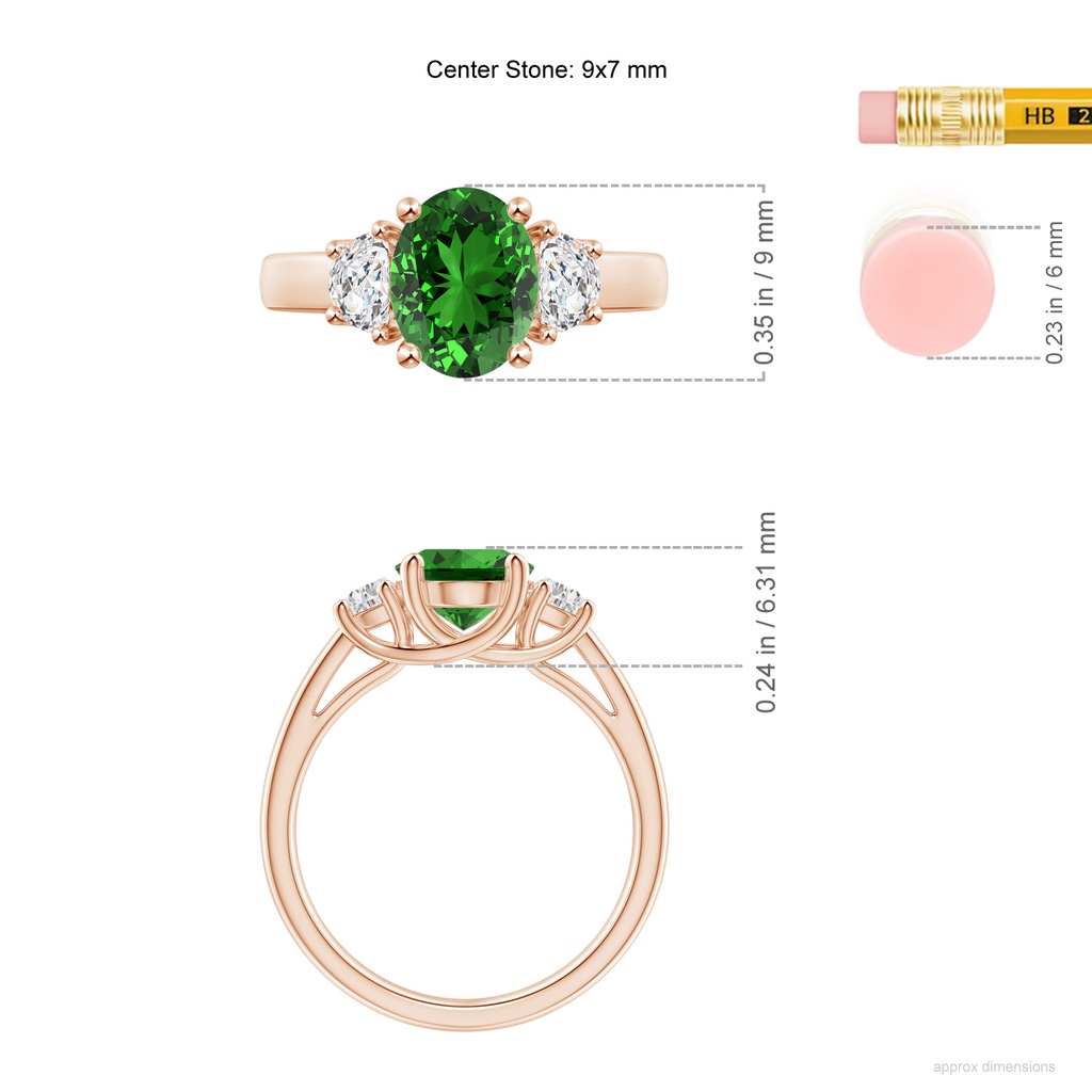 9x7mm Labgrown Lab-Grown Three Stone Oval Emerald and Half Moon Diamond Ring in 9K Rose Gold ruler