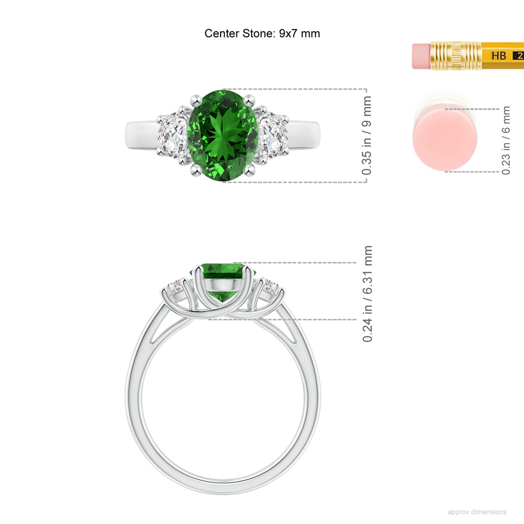 9x7mm Labgrown Lab-Grown Three Stone Oval Emerald and Half Moon Diamond Ring in White Gold ruler