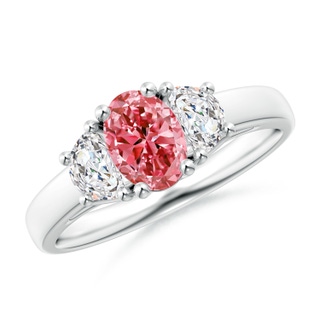 7x5mm Labgrown Three Stone Oval Lab-Grown Fancy Intense Pink and Half Moon White Diamond Ring in S999 Silver