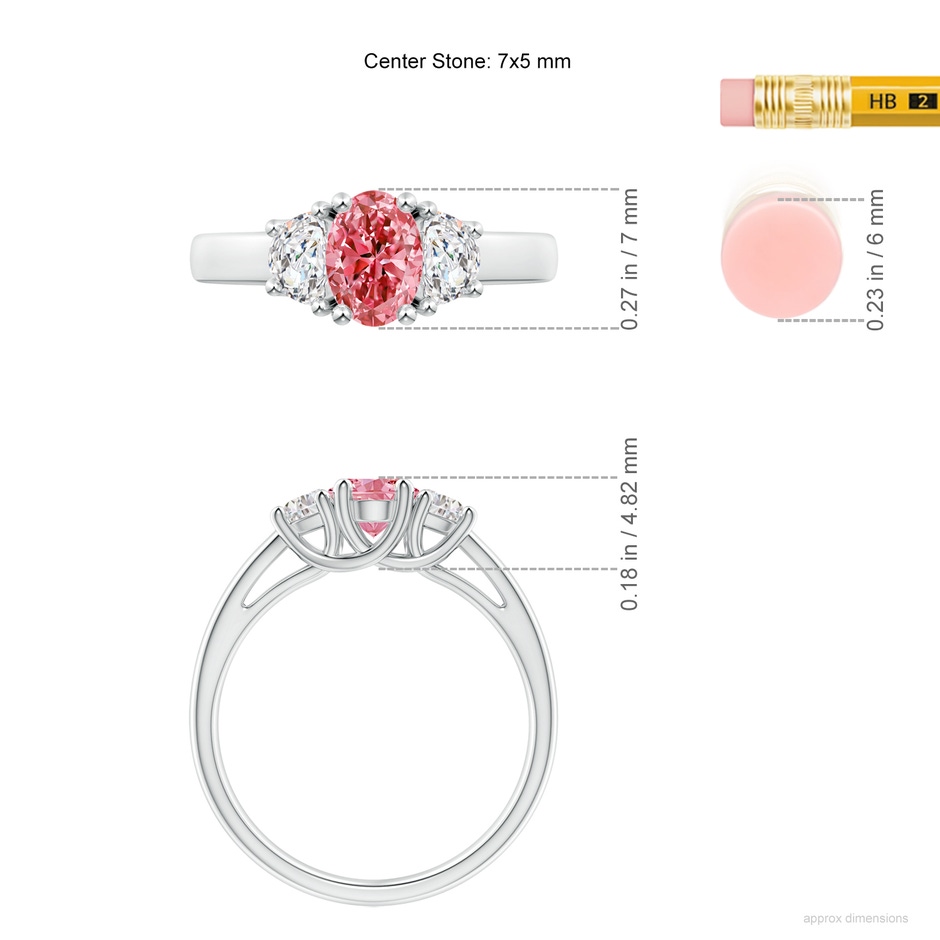 7x5mm Labgrown Three Stone Oval Lab-Grown Fancy Intense Pink and Half Moon White Diamond Ring in S999 Silver ruler