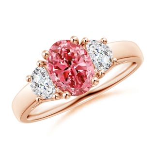 8x6mm Labgrown Three Stone Oval Lab-Grown Fancy Intense Pink and Half Moon White Diamond Ring in 9K Rose Gold