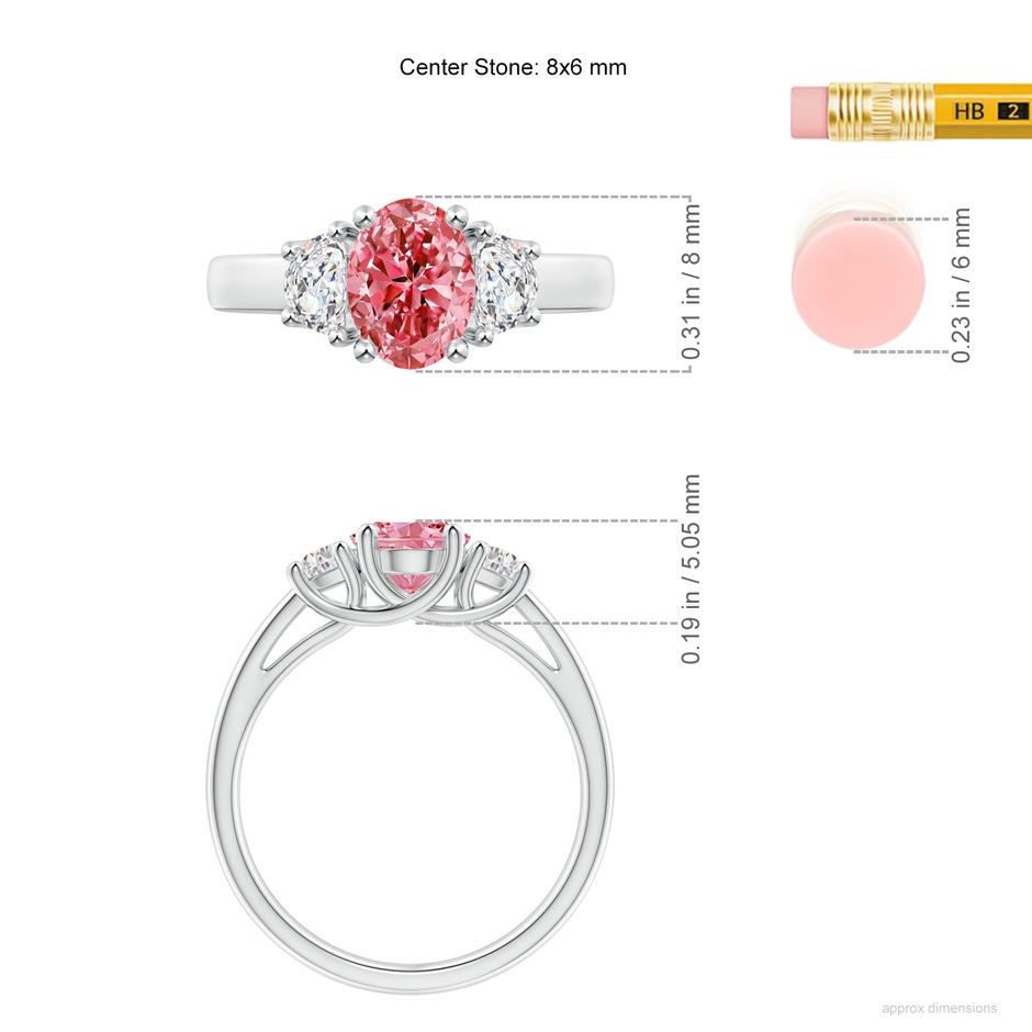 8x6mm Labgrown Three Stone Oval Lab-Grown Fancy Intense Pink and Half Moon White Diamond Ring in White Gold ruler