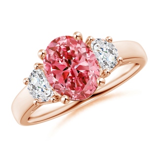 9x7mm Labgrown Three Stone Oval Lab-Grown Fancy Intense Pink and Half Moon White Diamond Ring in 18K Rose Gold