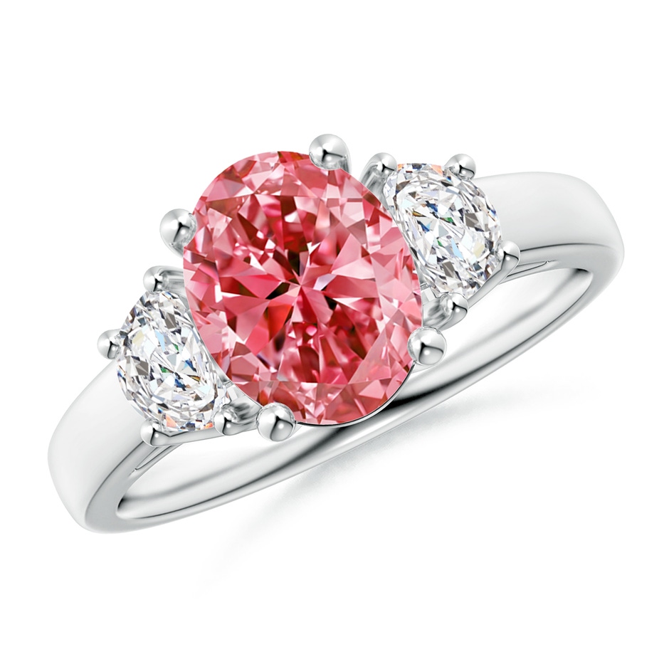 9x7mm Labgrown Three Stone Oval Lab-Grown Fancy Intense Pink and Half Moon White Diamond Ring in P950 Platinum 