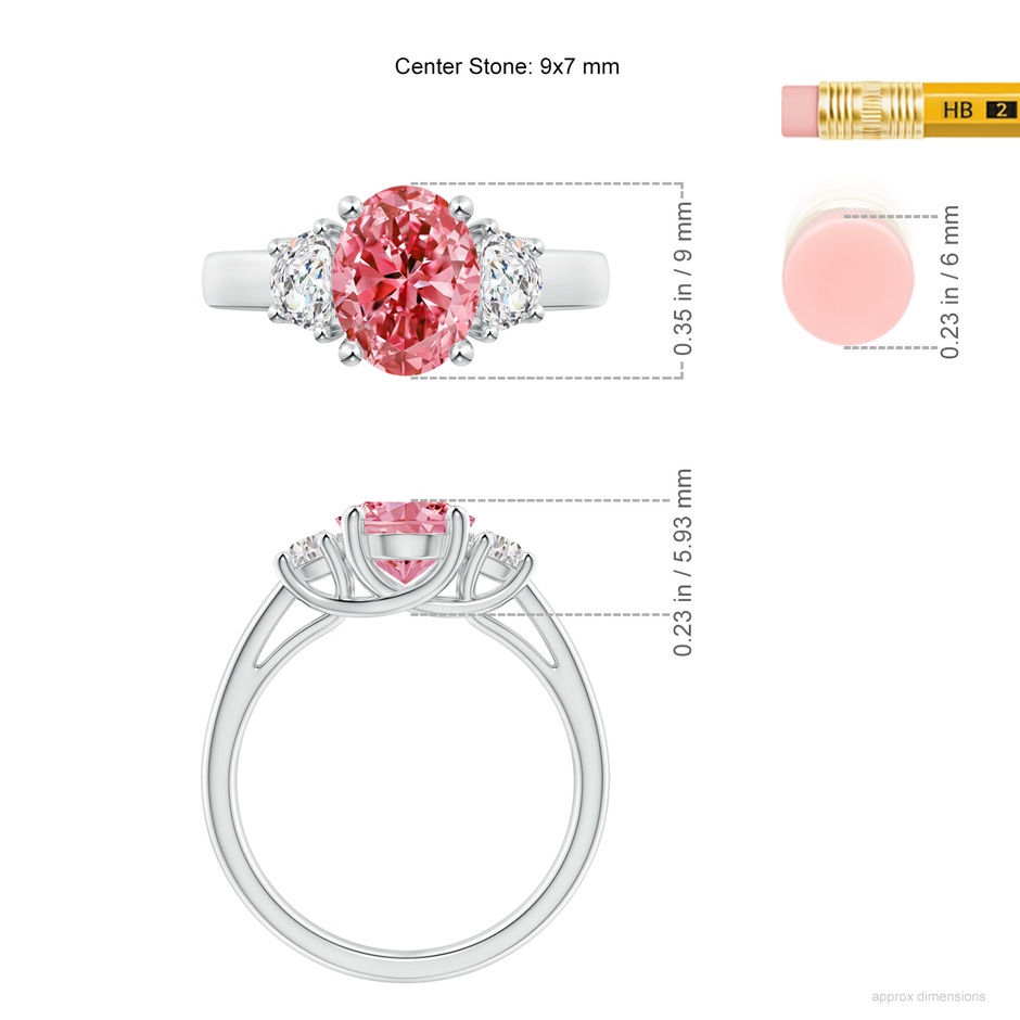 9x7mm Labgrown Three Stone Oval Lab-Grown Fancy Intense Pink and Half Moon White Diamond Ring in P950 Platinum ruler