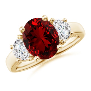 10x8mm Labgrown Lab-Grown Three Stone Oval Ruby and Half Moon Lab Diamond Ring in 9K Yellow Gold