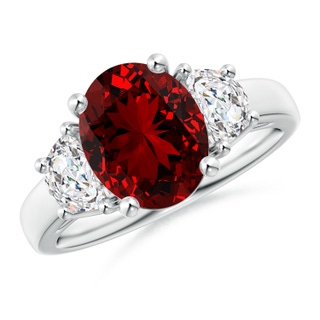 10x8mm Labgrown Lab-Grown Three Stone Oval Ruby and Half Moon Lab Diamond Ring in P950 Platinum