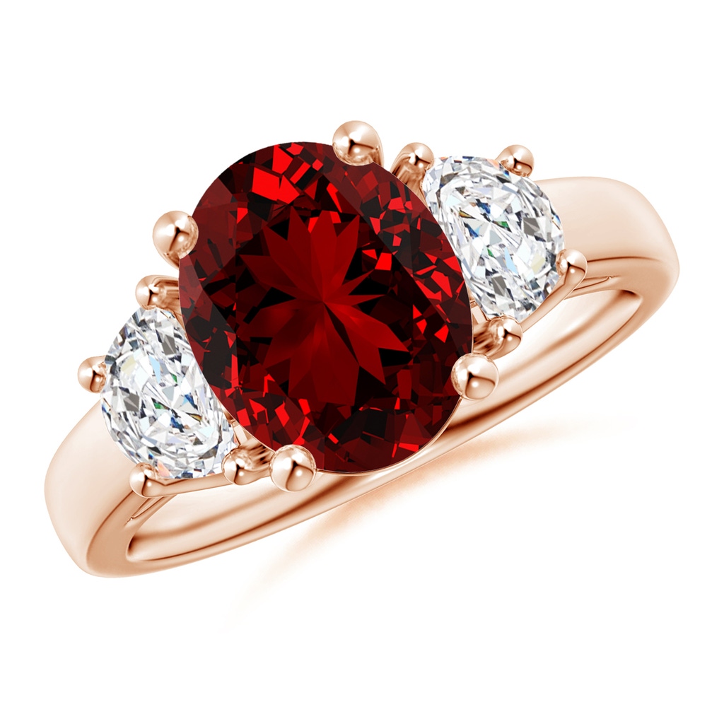 10x8mm Labgrown Lab-Grown Three Stone Oval Ruby and Half Moon Diamond Ring in Rose Gold