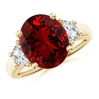 12x10mm Labgrown Lab-Grown Three Stone Oval Ruby and Half Moon Lab Diamond Ring in 9K Yellow Gold