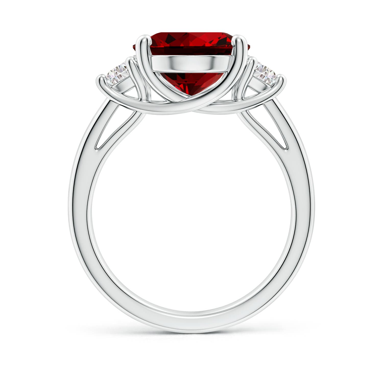 12x10mm Labgrown Lab-Grown Three Stone Oval Ruby and Half Moon Lab Diamond Ring in White Gold