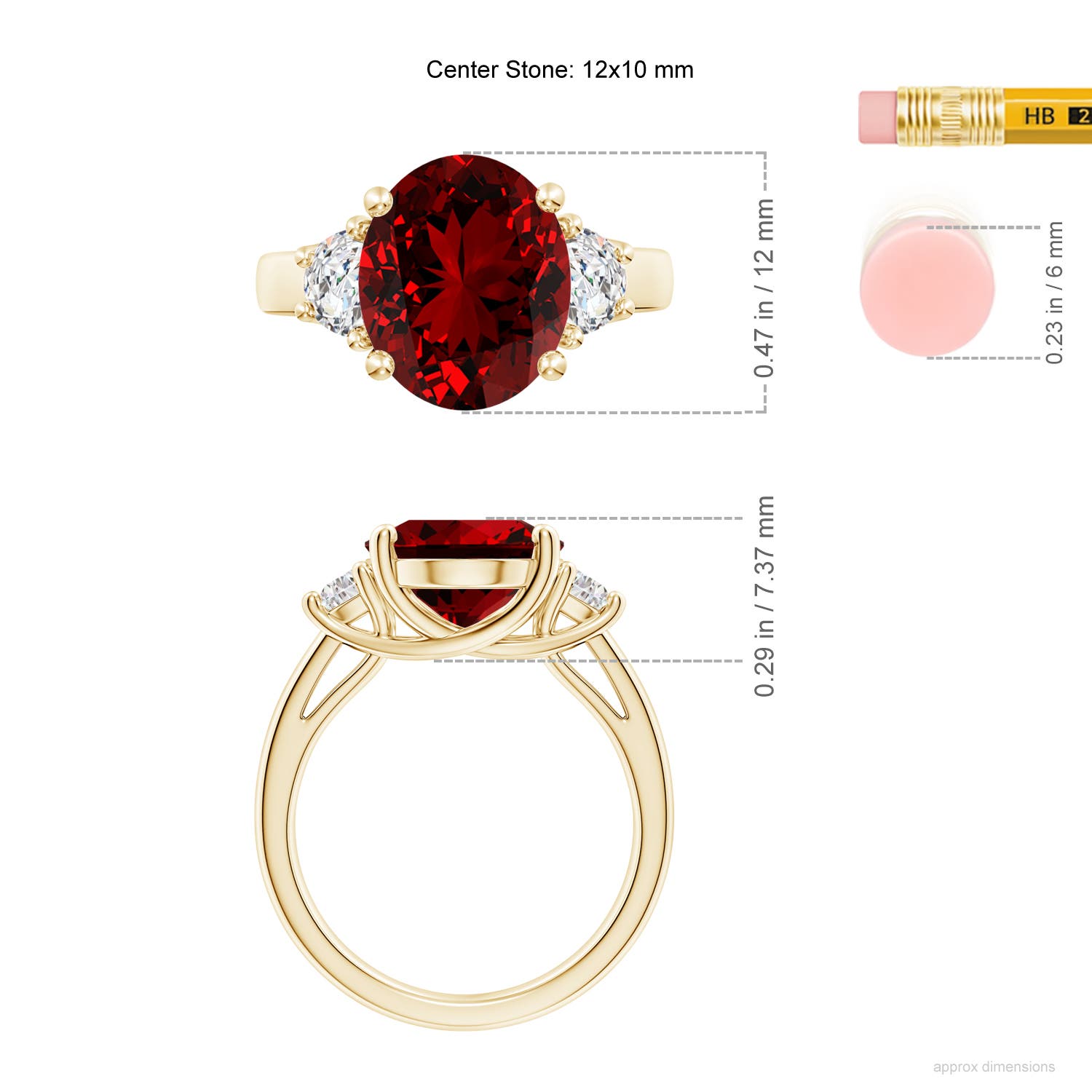 12x10mm Labgrown Lab-Grown Three Stone Oval Ruby and Half Moon Lab Diamond Ring in Yellow Gold - ruler