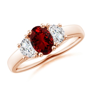 7x5mm Labgrown Lab-Grown Three Stone Oval Ruby and Half Moon Lab Diamond Ring in 9K Rose Gold