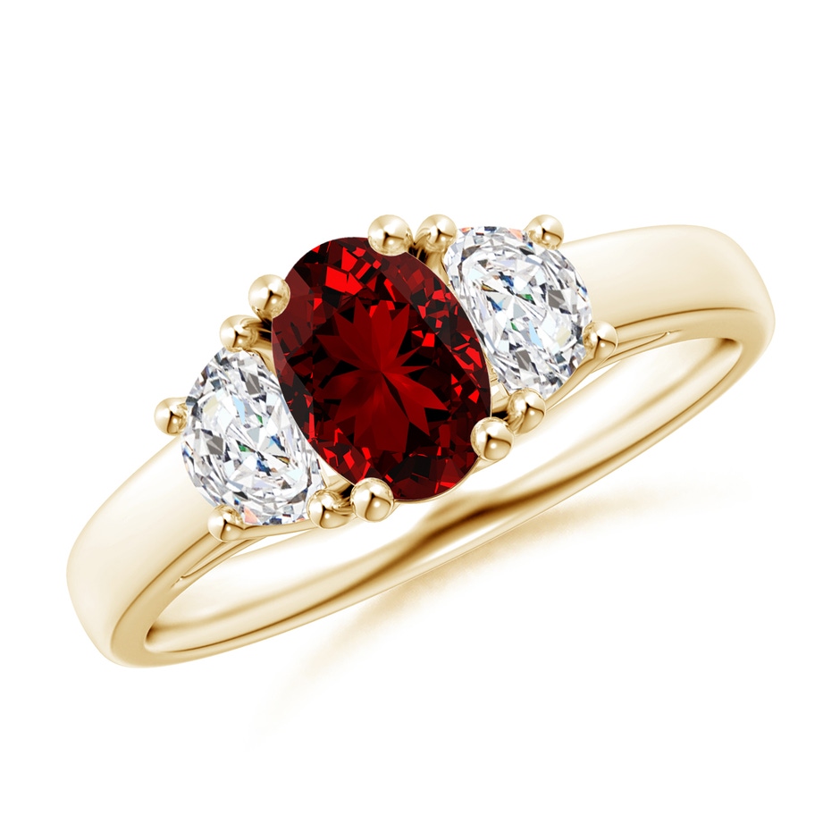 7x5mm Labgrown Lab-Grown Three Stone Oval Ruby and Half Moon Lab Diamond Ring in Yellow Gold 