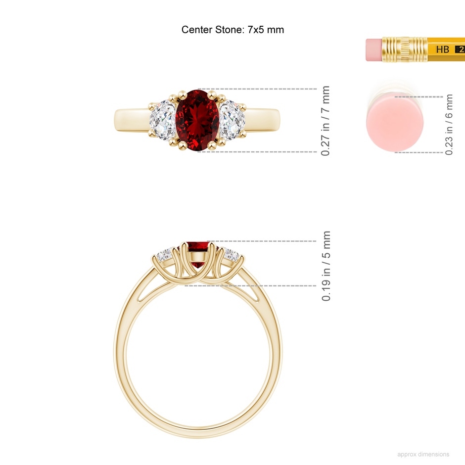 7x5mm Labgrown Lab-Grown Three Stone Oval Ruby and Half Moon Lab Diamond Ring in Yellow Gold ruler